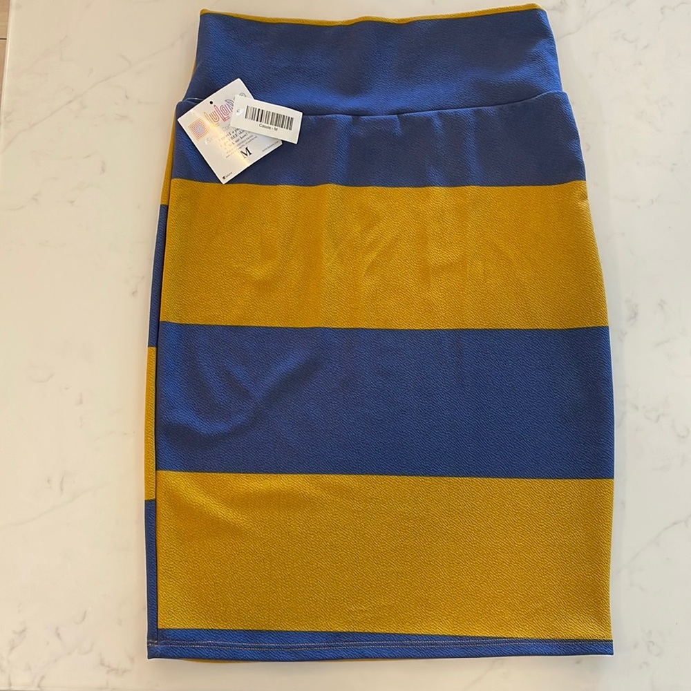 Lularoe Medium Gold and Blue Thick Stripe Pencil Skirt NWT